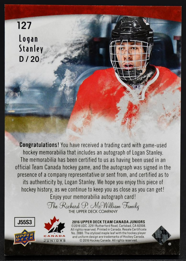 2016-17 UD Team Canada Juniors Patch Auto Logan Stanley 127 Auto 013/199 Patch