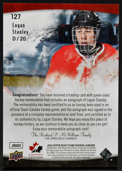 2016-17 UD Team Canada Juniors Patch Auto Logan Stanley 127 Auto 013/199 Patch