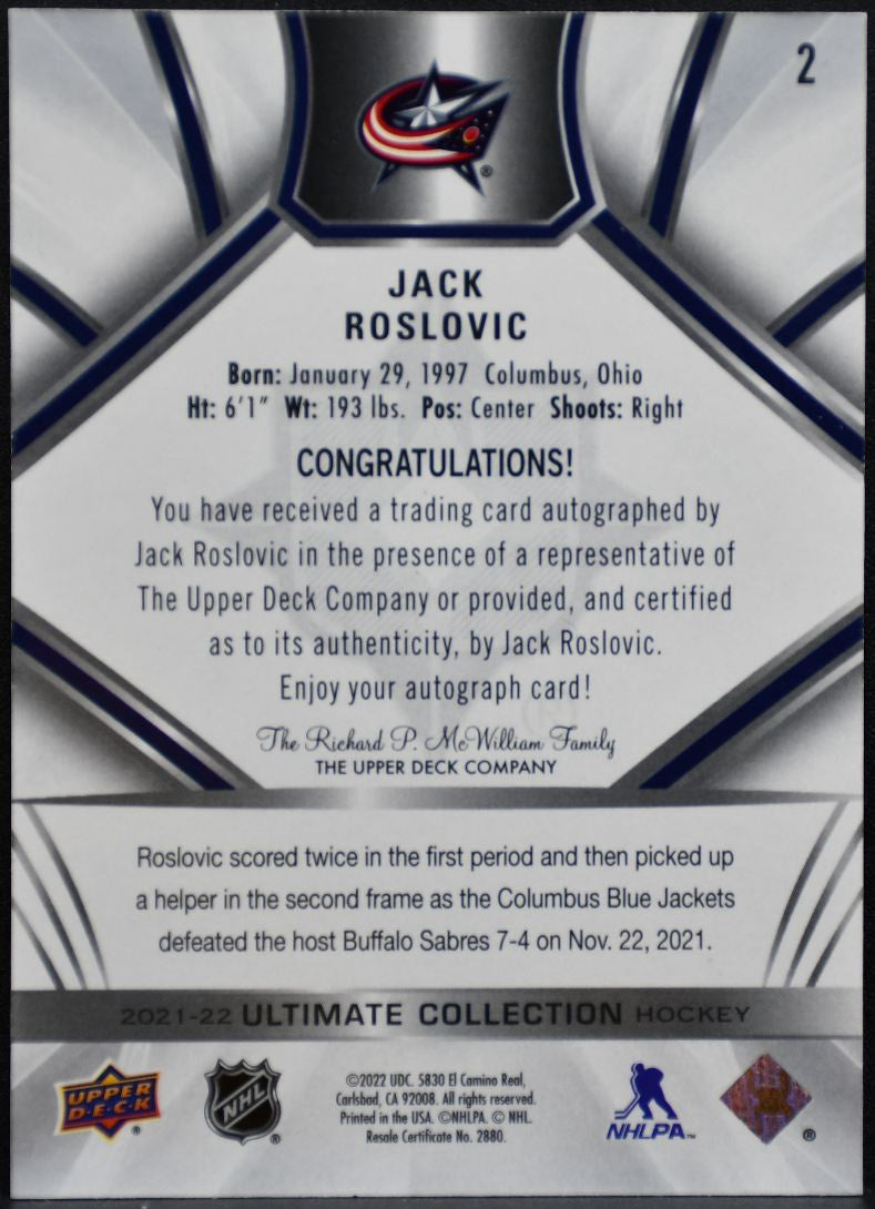 2021-22 UD Ultimate Collection Autographs Jack Roslovic Jackets Auto 5530