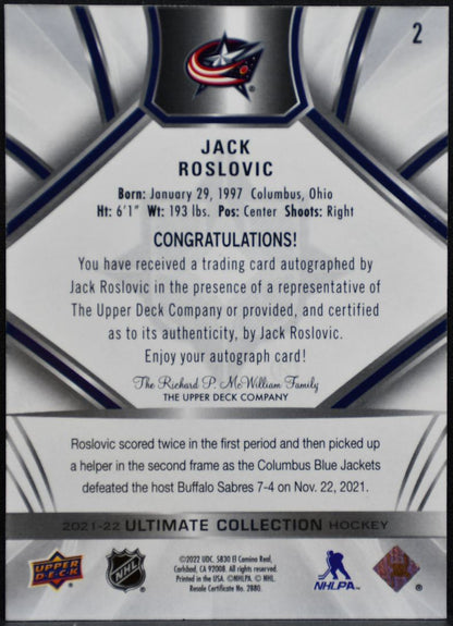 2021-22 UD Ultimate Collection Autographs Jack Roslovic Jackets Auto 5530