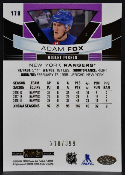 2019-20 OPC Platinum Marquee RCs Violet Pixels Adam Fox 178 Rangers RC 210/399 1878