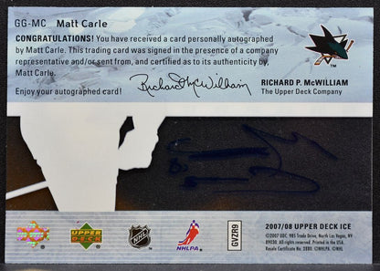 2007-08 Upper Deck Ice Glacial Graphs Matt Carle GG-MC San Jose Sharks Auto 1933