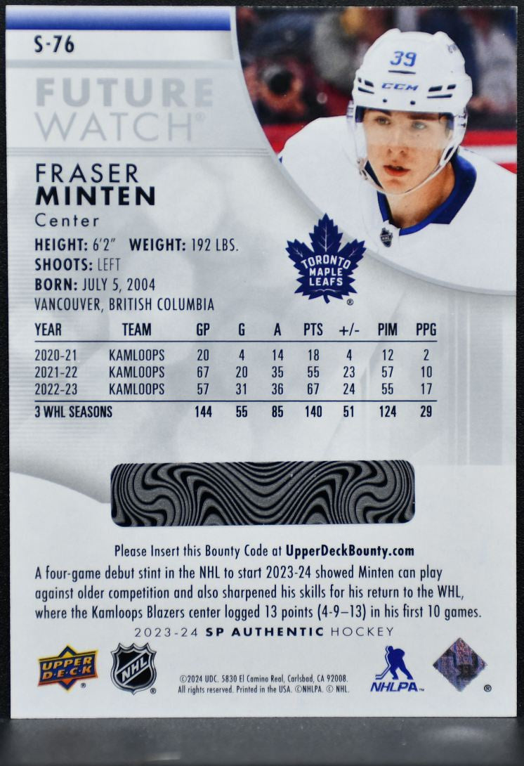 2023-24 SP Authentic Future Watch Spectrum FX Fraser Minten Maple Leafs RC 6391