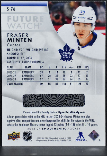 2023-24 SP Authentic Future Watch Spectrum FX Fraser Minten Maple Leafs RC 6391