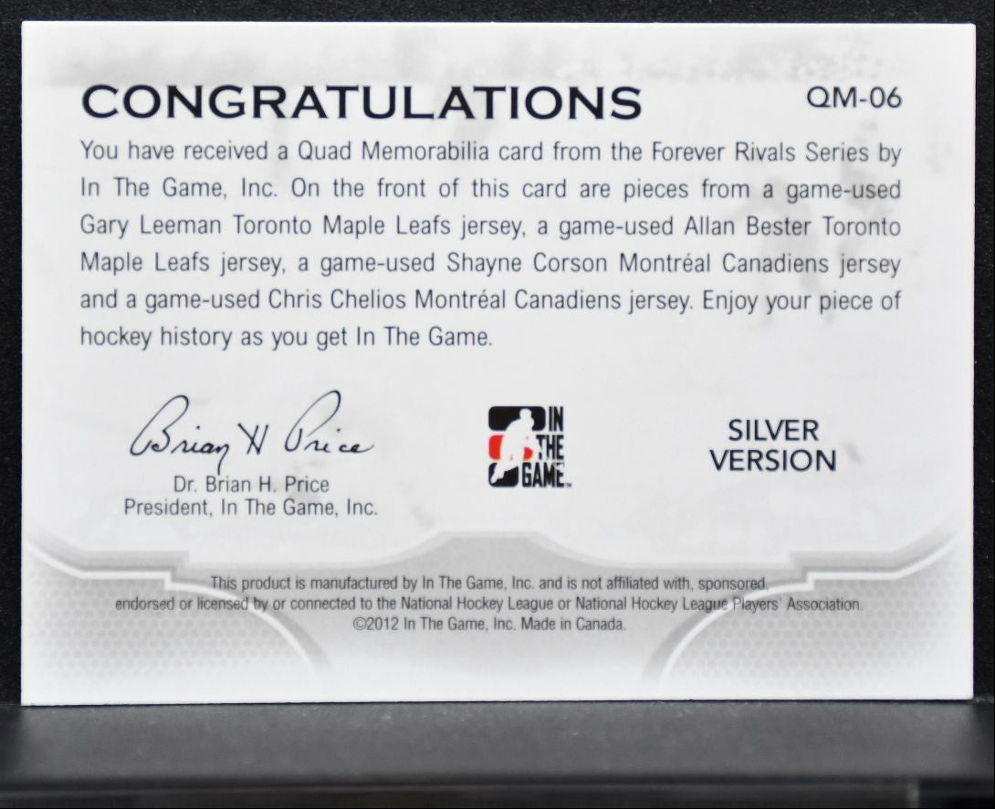 2012-13 ITG Forever Rivals Quad Silver Leeman/Bester/Corson/Chelios Jersey 5029