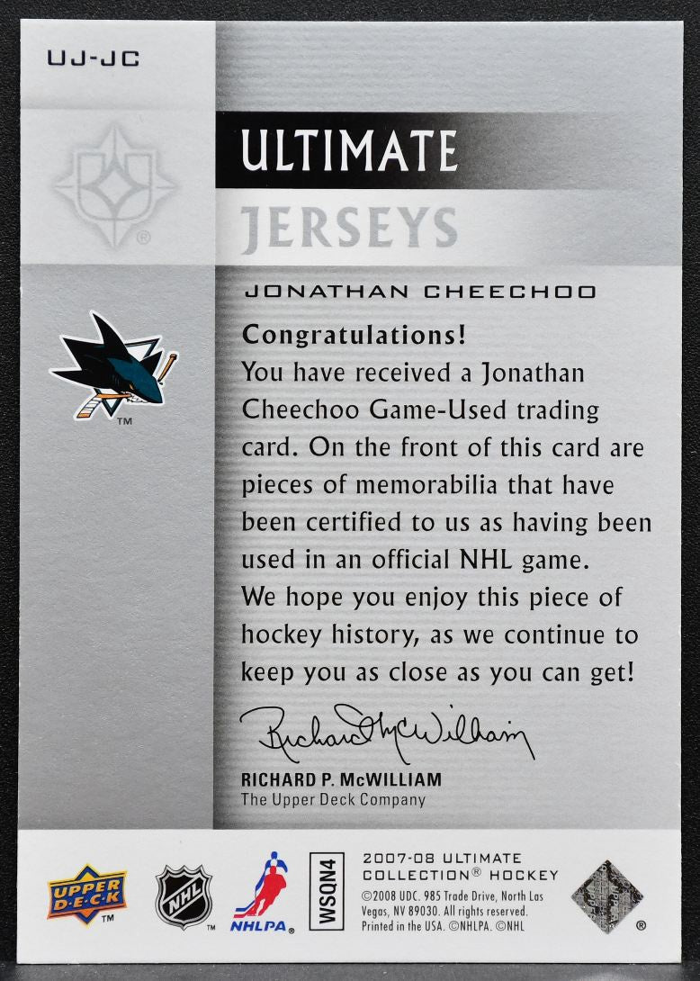 2007-08 UD Ultimate Collection Jerseys Jonathan Cheechoo Sharks Jersey 4633