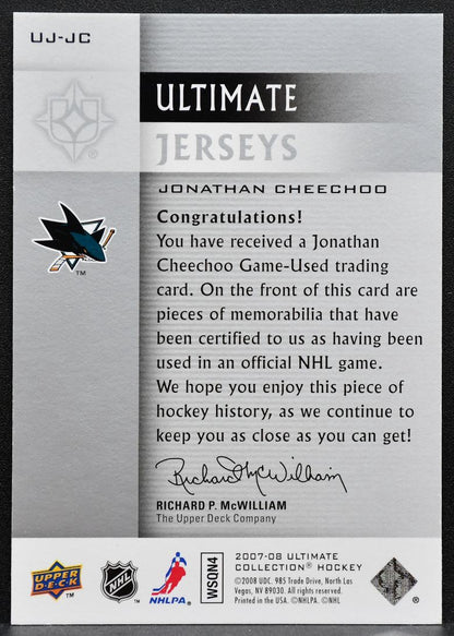 2007-08 UD Ultimate Collection Jerseys Jonathan Cheechoo Sharks Jersey 4633