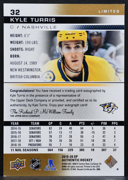 2019-20 SP Authentic Limited Auto Kyle Turris 32 Nashville Predators Auto 9206