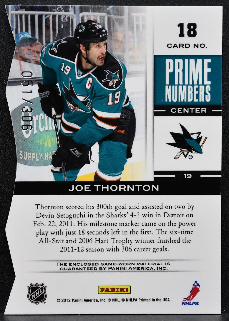 2011-12 Panini Elite Prime Numbers Joe Thorton 18 Sharks /306 Jersey 3803