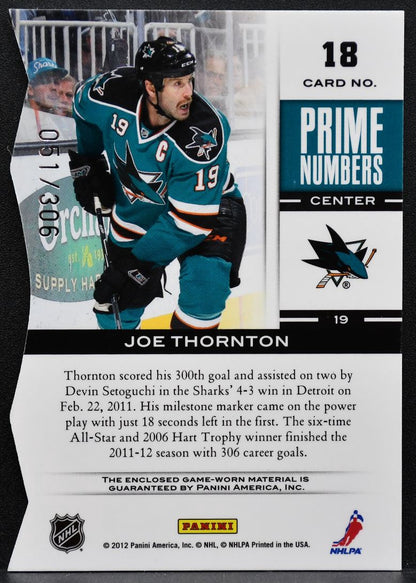 2011-12 Panini Elite Prime Numbers Joe Thorton 18 Sharks /306 Jersey 3803