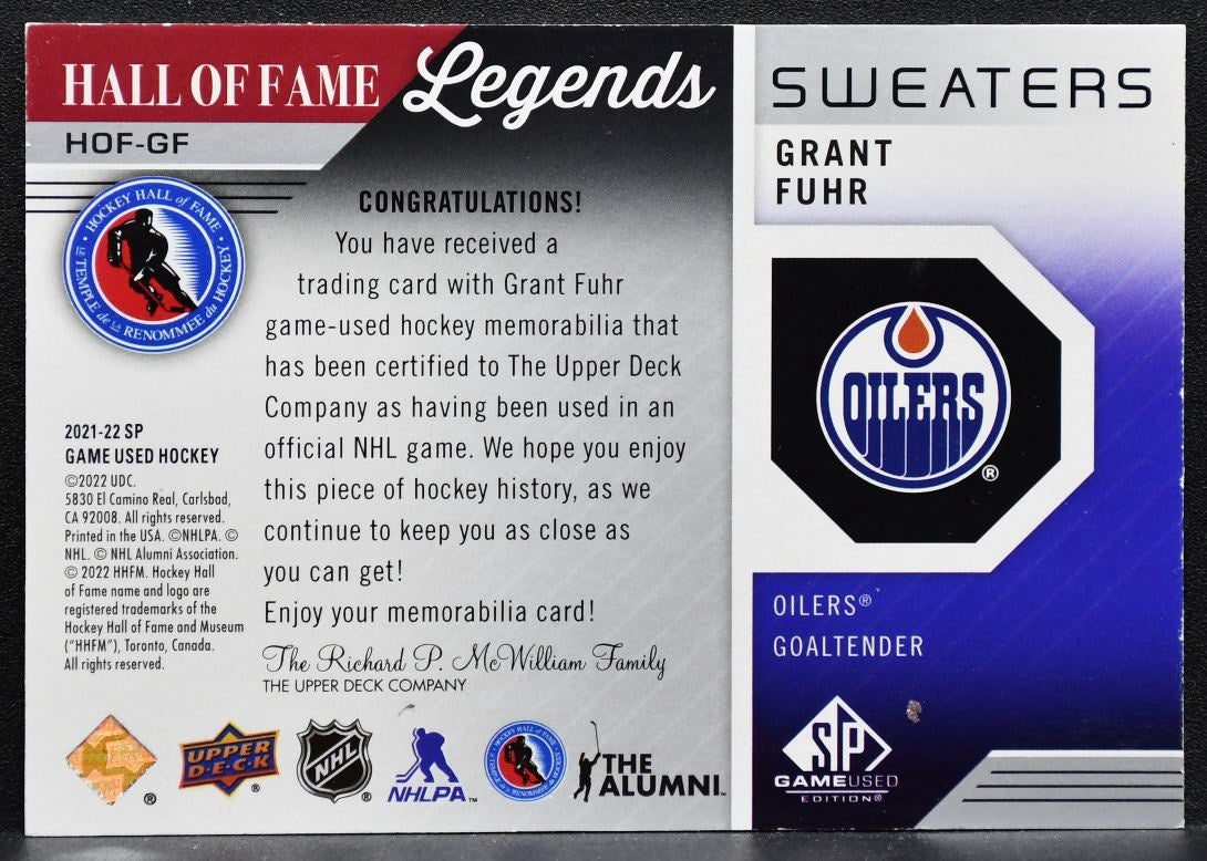 2021-22 SP Game Used HOF Legends Sweaters Grant Fuhr HOF-GF Oilers Jersey 6316
