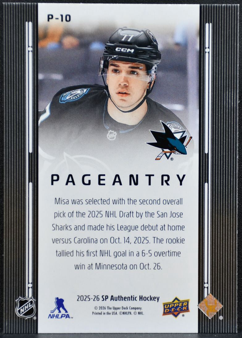 2025-26 SP Authentic Pageantry Michael Misa P-10 San Jose Sharks RC 3016