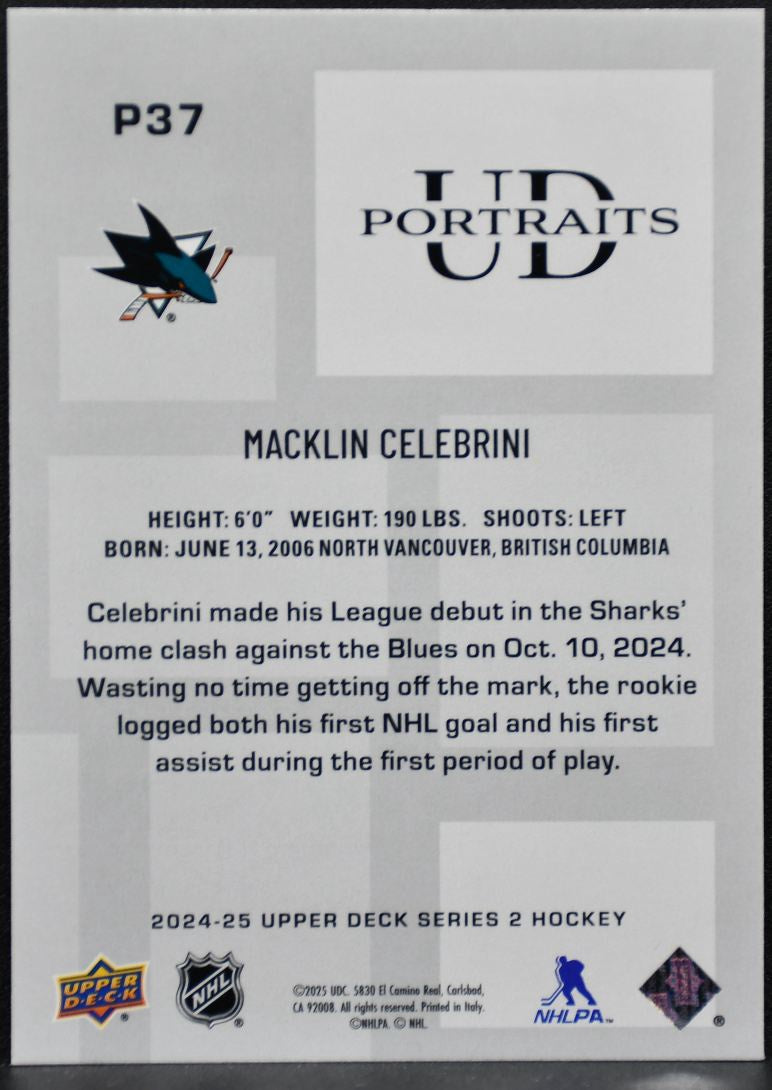 2024-25 Upper Deck Series 2 UD Portraits Macklin Celebrini Sharks RC 6780