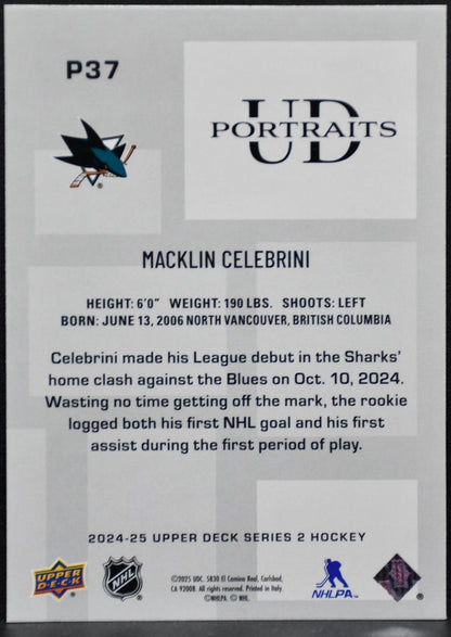 2024-25 Upper Deck Series 2 UD Portraits Macklin Celebrini Sharks RC 6780