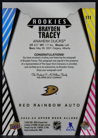 2022-23 Upper Deck Allure Red Rainbow Auto Brayden Tracey 111 Ducks RC Auto 5637