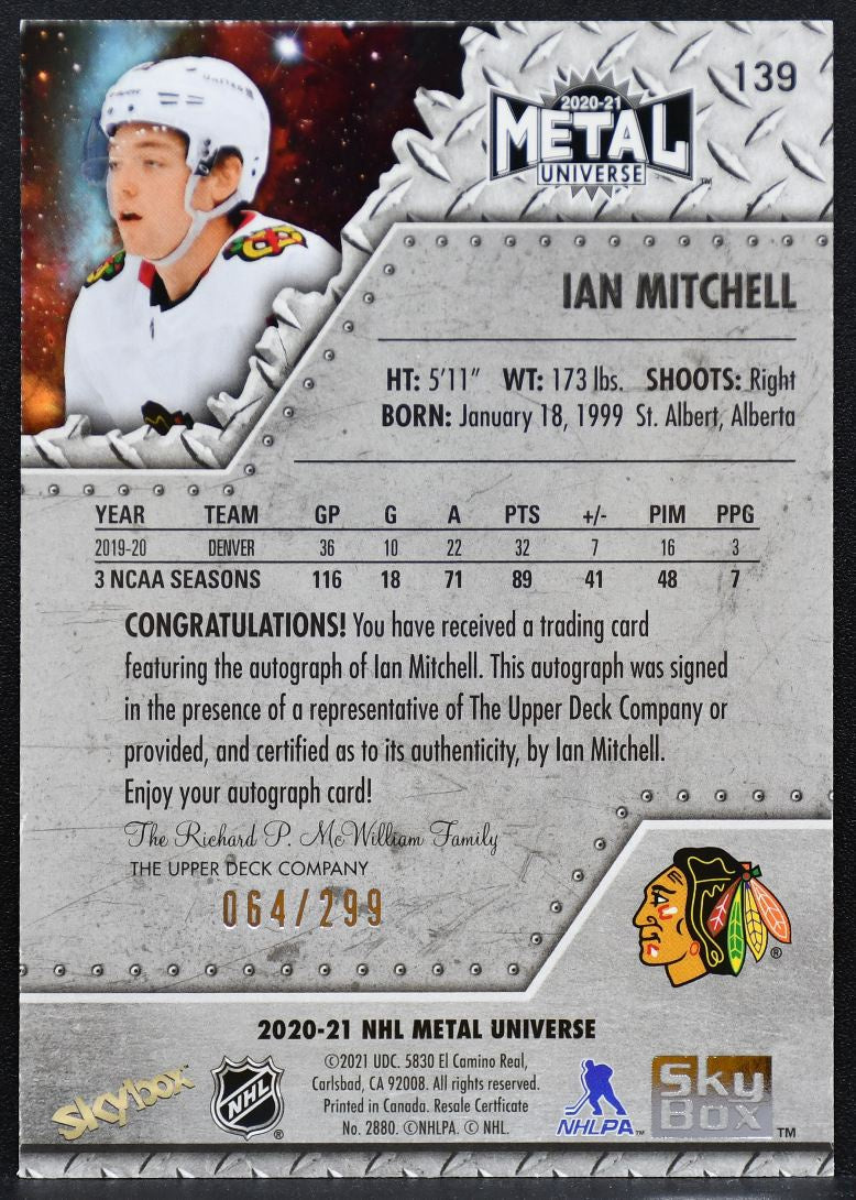 2020-21 Skybox Universe Silver Mitchell 139 Blackhawks RC Auto 064/299 2803