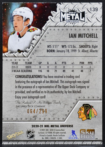 2020-21 Skybox Universe Silver Mitchell 139 Blackhawks RC Auto 064/299 2803