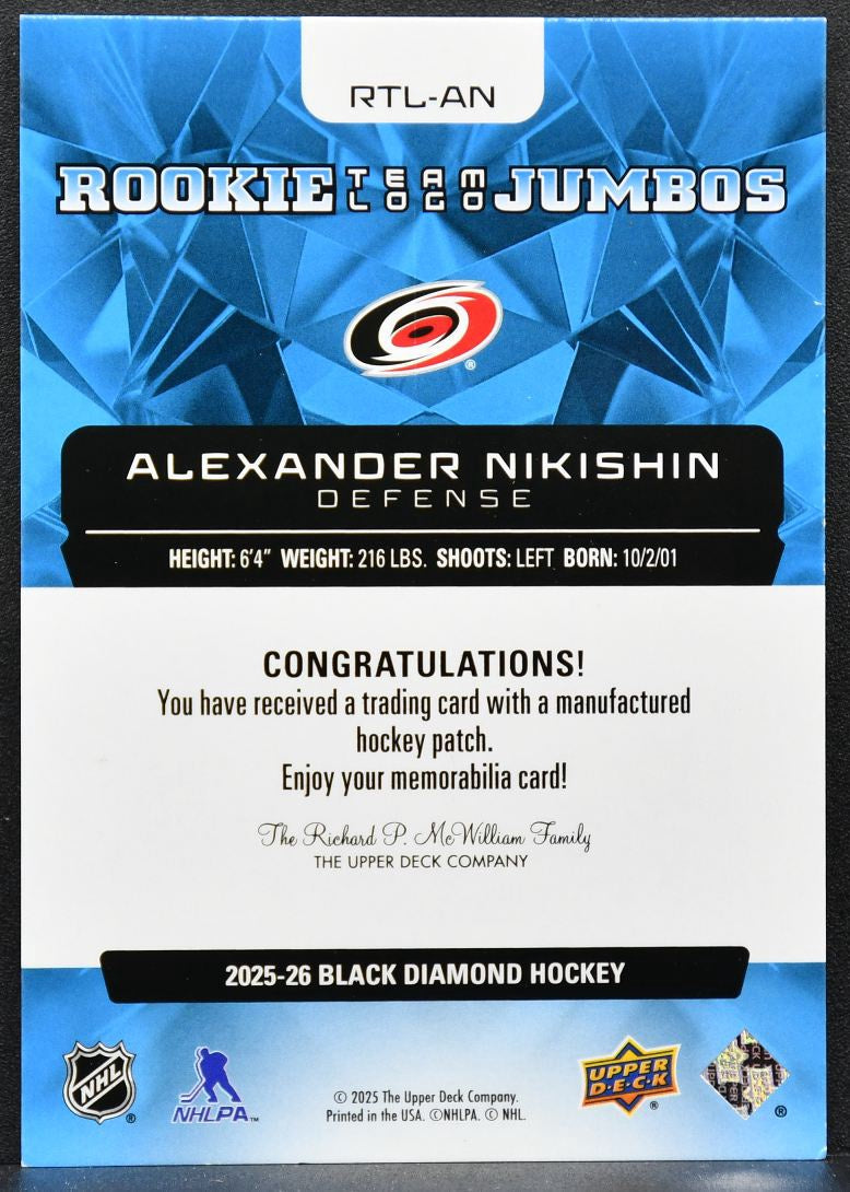 25-26 UD Black Diamond RC Team Logo Jumbos Nikishin Hurricanes RC Patch 9041