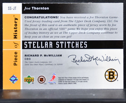 2002-03 UD Piece of History Stellar Stitches Joe Thornton Bruins Jersey 4275