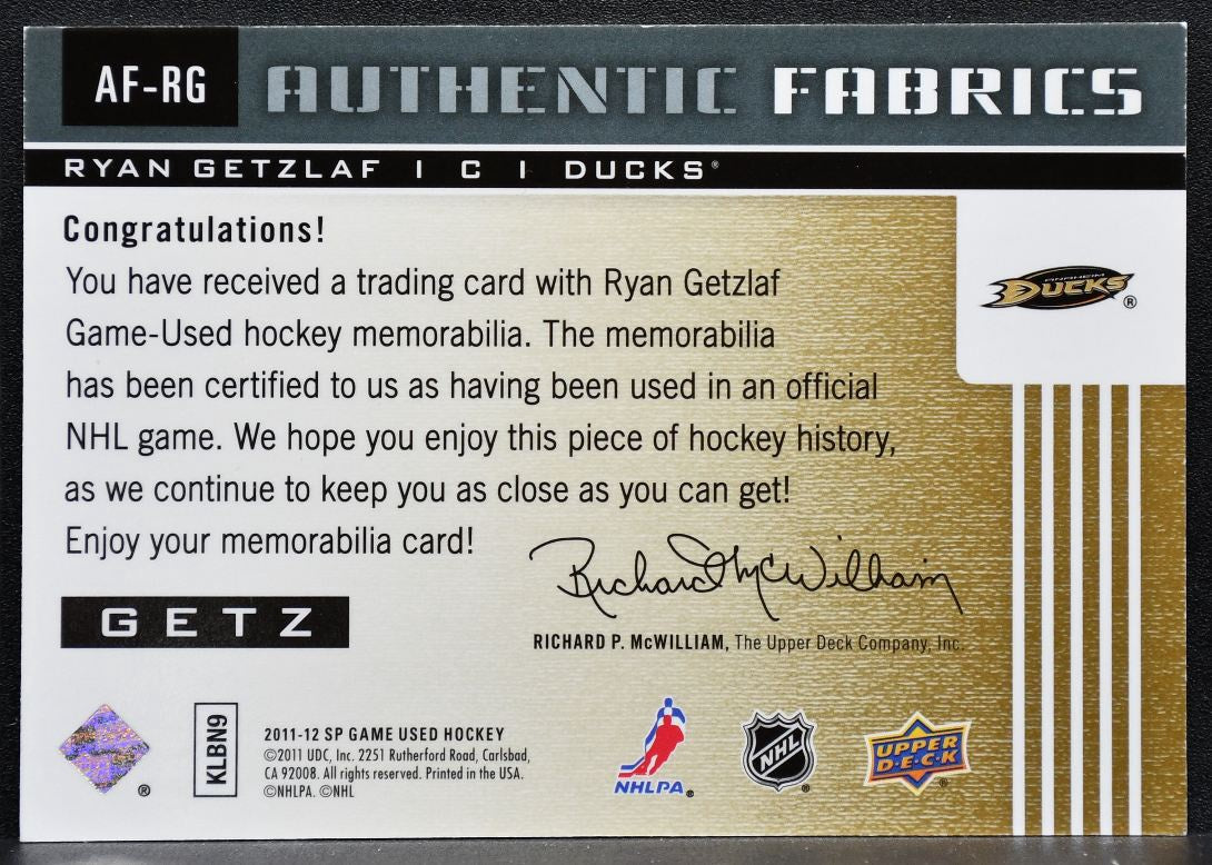 2011-12 SP Game Used Authentic Fabrics Ryan Getzlaf AF-RG Ducks Jersey 3612