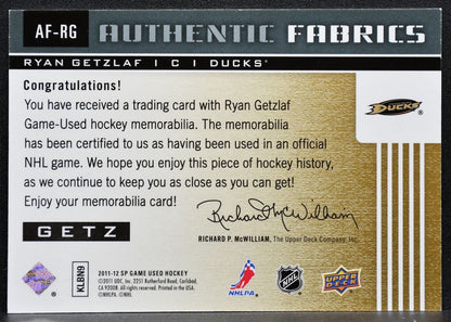 2011-12 SP Game Used Authentic Fabrics Ryan Getzlaf AF-RG Ducks Jersey 3612