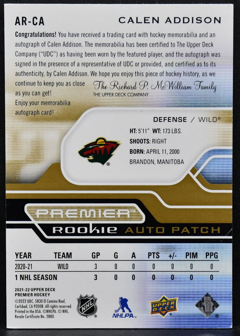 2021-22 UD Premier Acetate Auto Patch Gold Addison AR-CA RC Auto Patch 2675