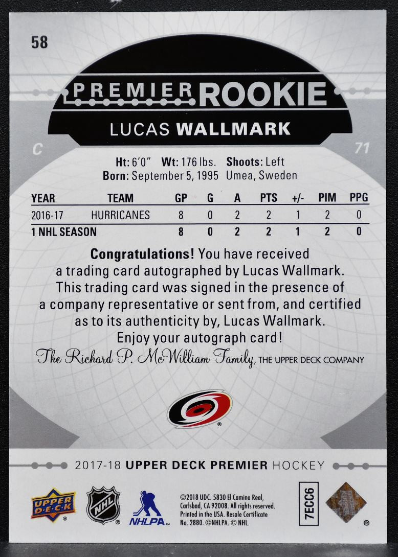 2017-18 UD Premier Base Rookie Auto Silver Spectrum Lucas Wallmark Auto 1146