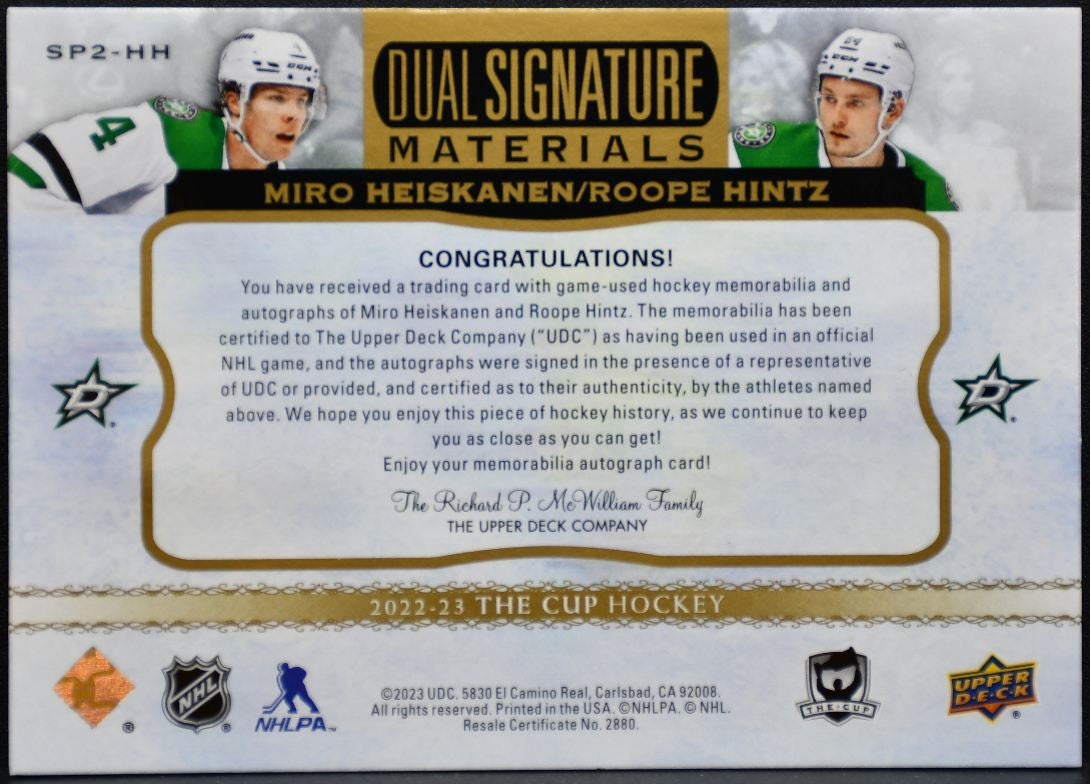 2022-23 UD The Cup Dual Sig Mat Heiskanen / Hintz Stars Auto 42095 Patch 4212