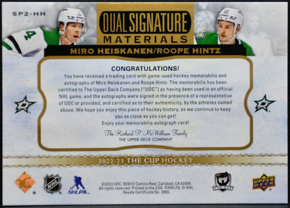 2022-23 UD The Cup Dual Sig Mat Heiskanen / Hintz Stars Auto 42095 Patch 4212