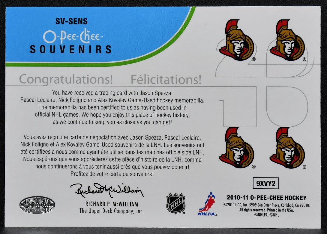 2010-11 OPC Souvenirs Kovalev/Foligno/Leclaire/Spezza Jersey 7893