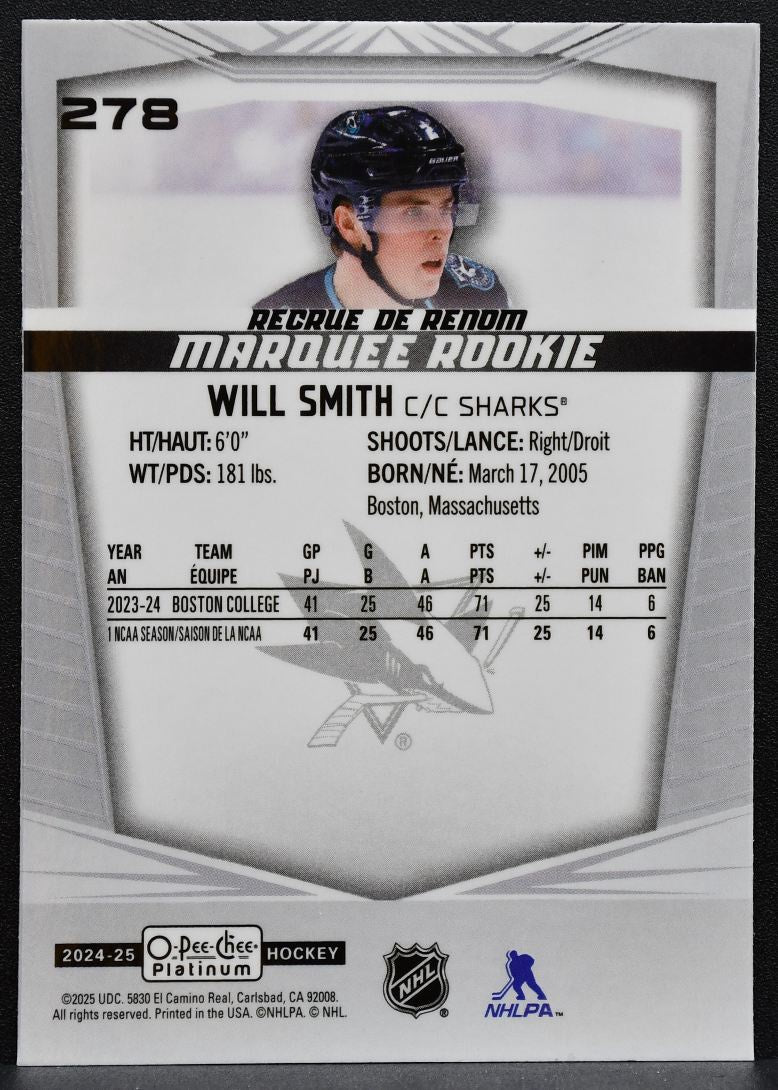 2024-25 O-Pee-Chee Platinum Marquee Rookie Will Smith 278 Sharks RC 9362