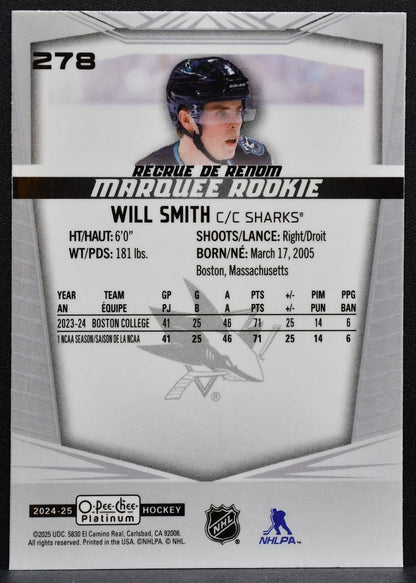 2024-25 O-Pee-Chee Platinum Marquee Rookie Will Smith 278 Sharks RC 9362