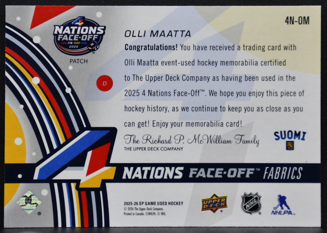 2025-26 SP Game Used 4 Nations Face Off Fabrics Patch Olli Maatta Patch 6827