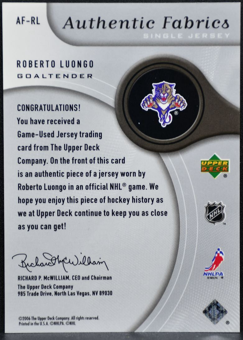 2005-06 SP Game Used Authentic Fabrics Roberto Luongo AF-RL Panthers Jersey 1389