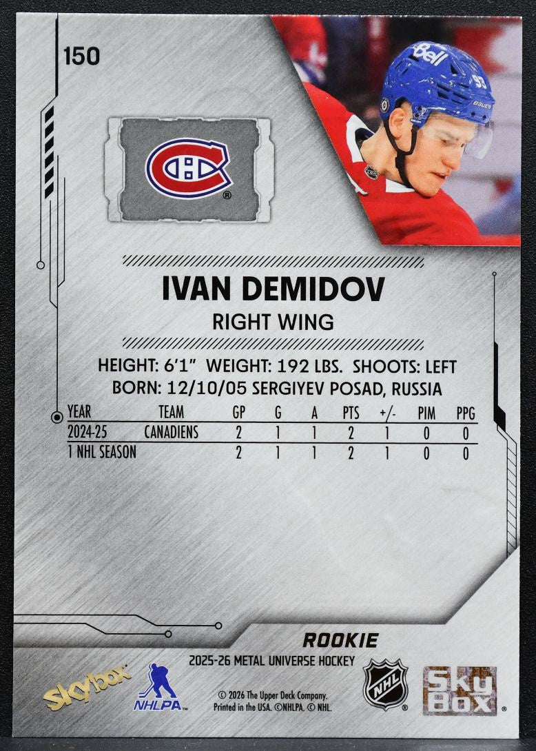 2025-26 SkyBox Metal Universe Rookie Ivan Demidov 150 Montreal Canadiens RC 9768