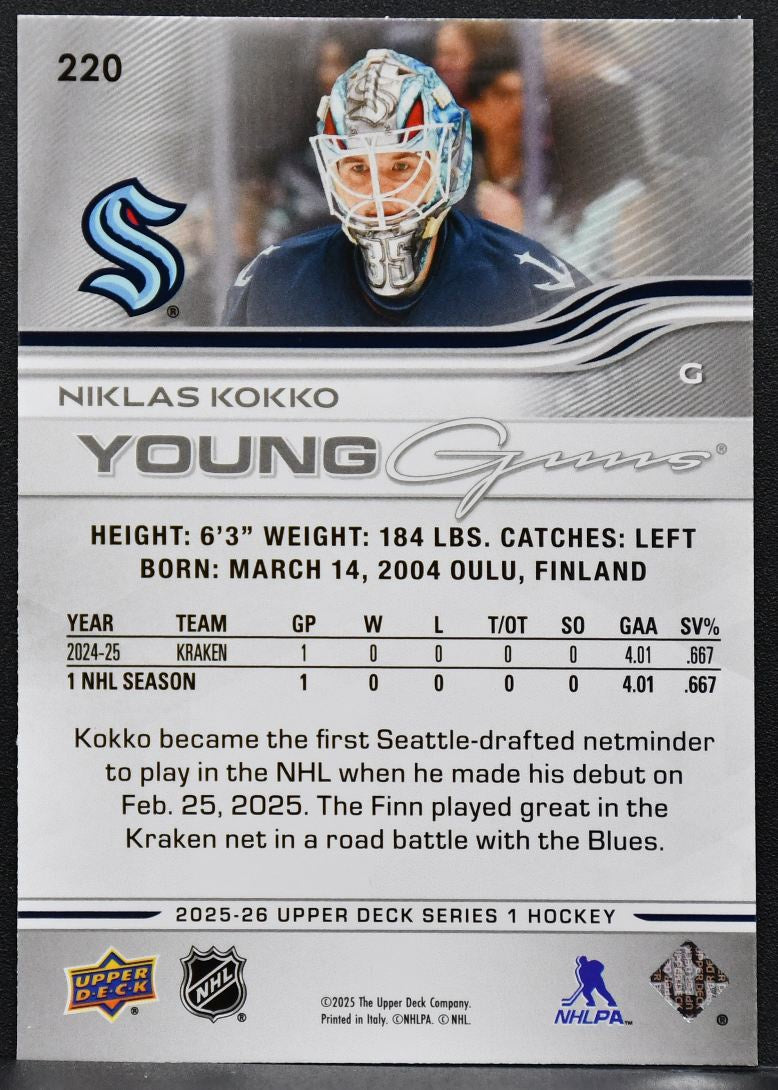 2025-26 Upper Deck Series 1 Young Guns Niklas Kokko 220 Seattle Kraken RC 7498