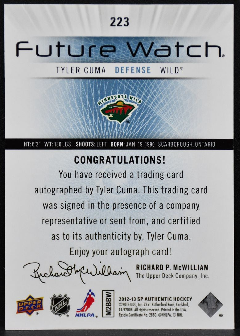 2012-13 SP Authentic Future Watch Auto Tyler Cuma 223 Minnesota AA2:AA375999