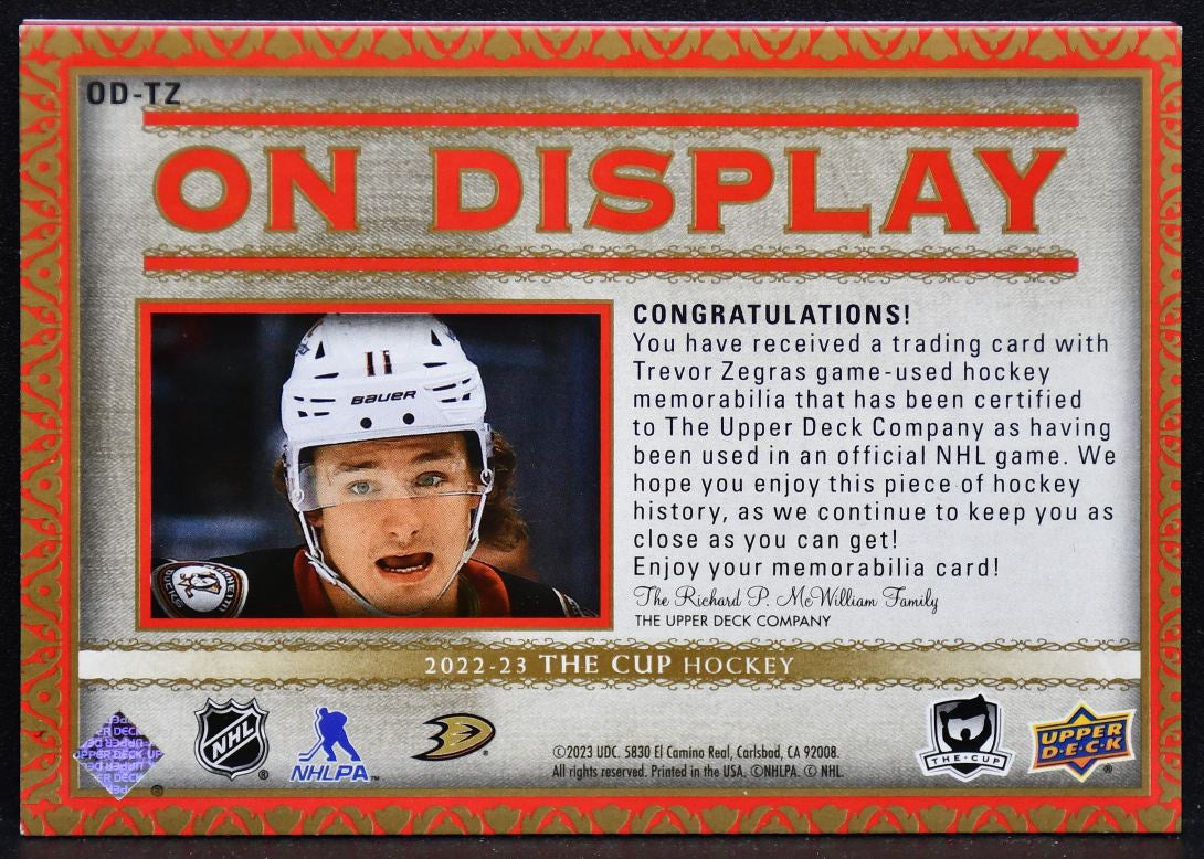 2022-23 UD The Cup On Display Jersey Trevor Zegras OD-TZ Ducks 21/49 Jersey 3855