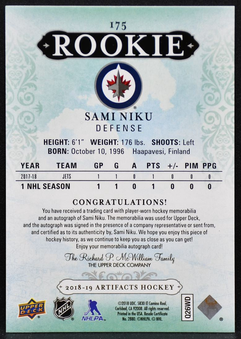 2018-19 UD Artifacts Silver Niku Winnipeg Jets RC Auto 19/99 Jersey 5675