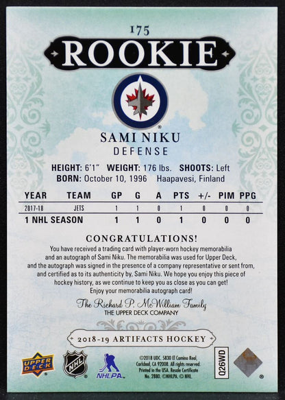 2018-19 UD Artifacts Silver Niku Winnipeg Jets RC Auto 19/99 Jersey 5675