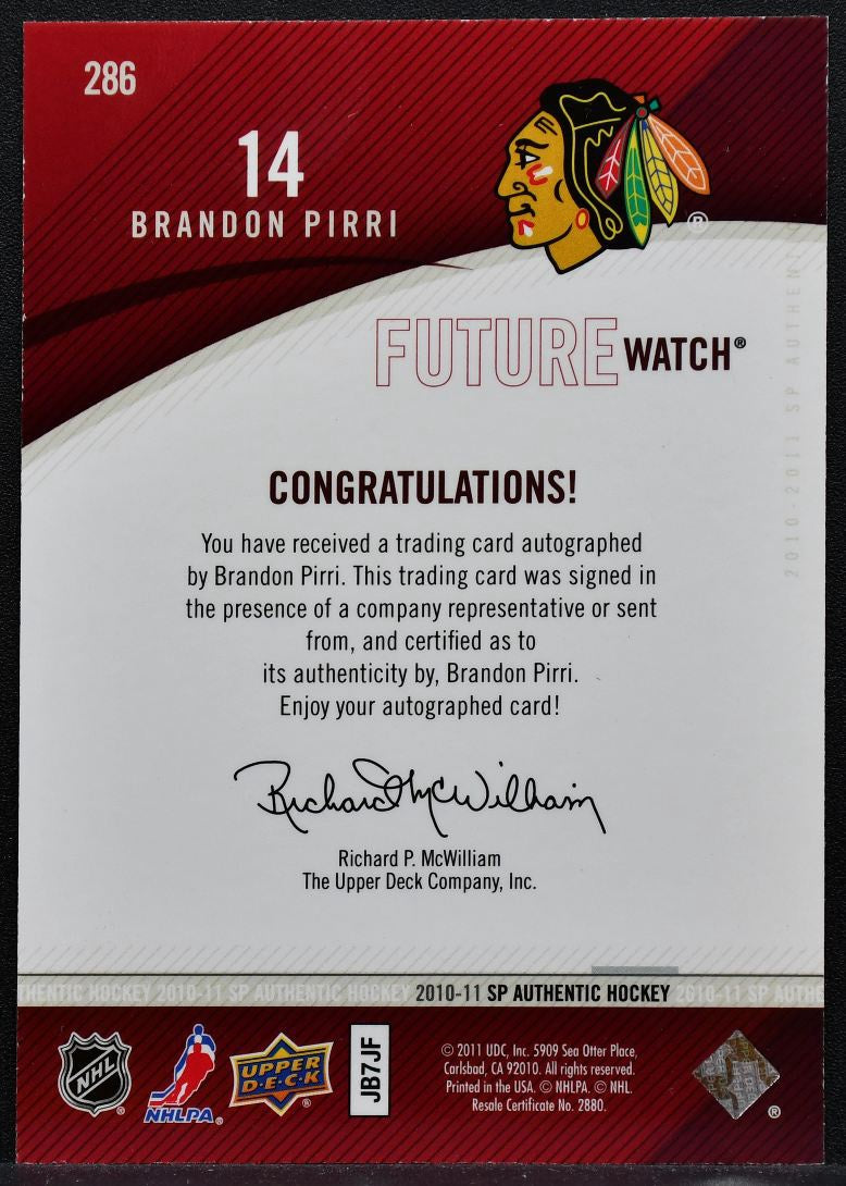 2010-11 SP Authentic Future Watch Auto Brandon Pirri 286 Blackhawks Auto 1207