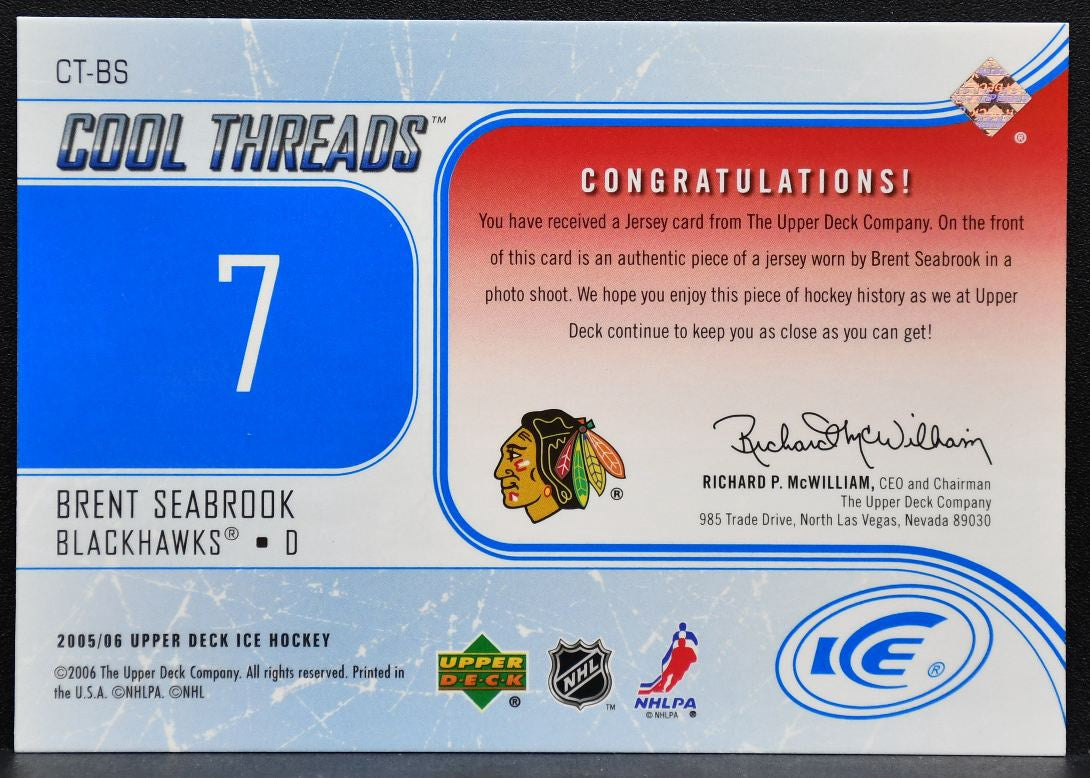 2005-06 Upper Deck Ice Cool Threads Brent Seabrook CT-BS Blackhawks Jersey 8049