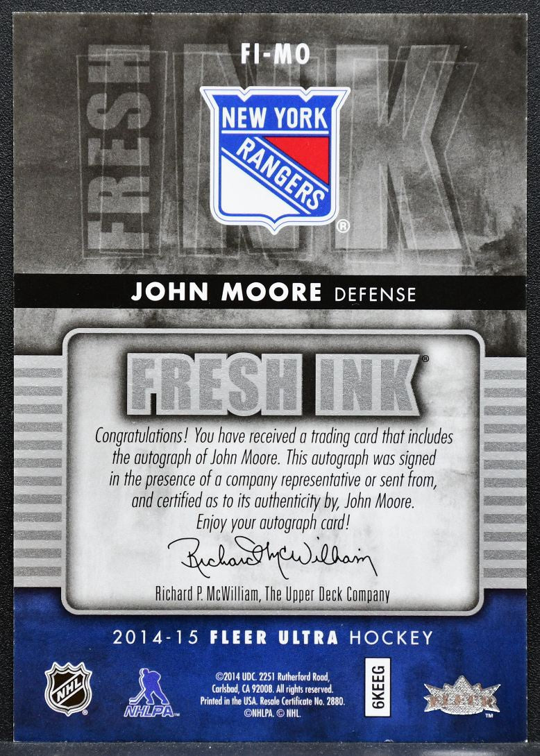 2014-15 Fleer Ultra Fresh Ink John Moore FI-MO New York Rangers Auto 8023