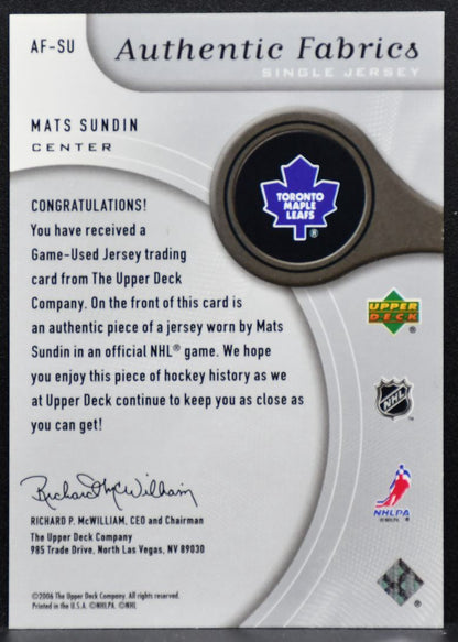 2005-06 SP Game Used Authentic Fabrics Mats Sundin AF-SU Maple Leafs Jersey 4880