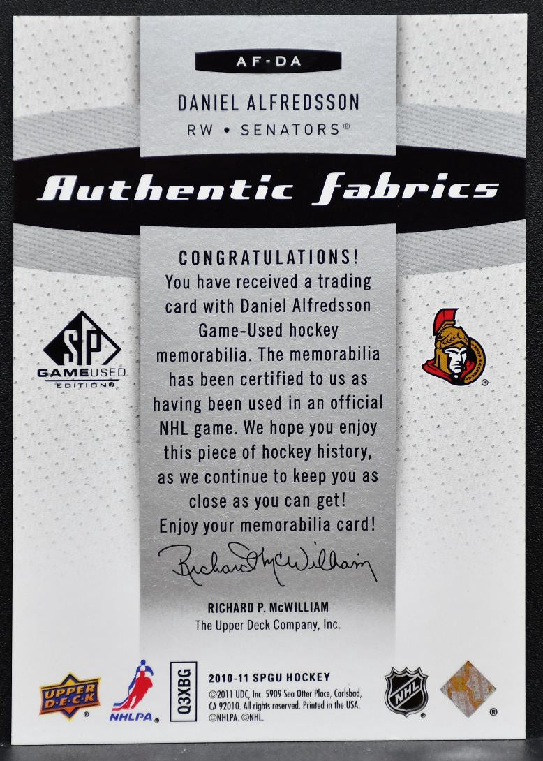 2010-11 SP Game Used Authentic Fabrics Daniel Alfredsson Senators Jersey 0806
