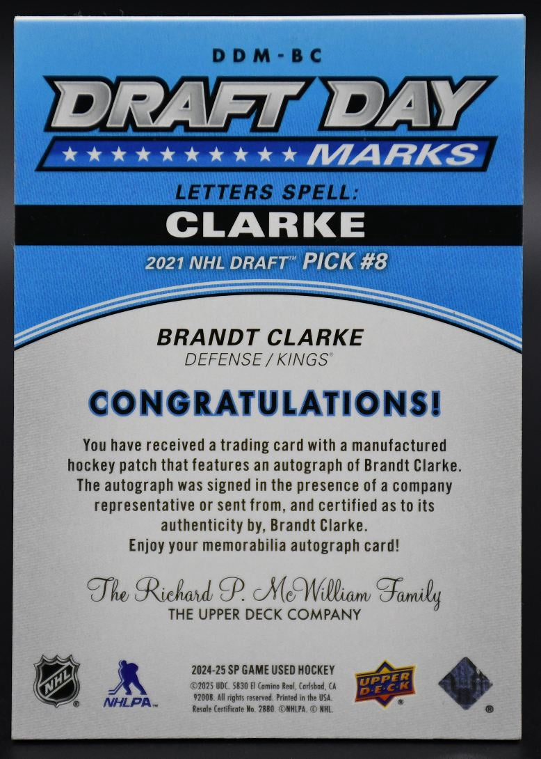 2024-25 SP Game Used Brandt Clarke DDM-BC Los Angeles Kings RC Auto 28/35 Patch