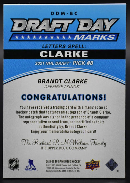 2024-25 SP Game Used Brandt Clarke DDM-BC Los Angeles Kings RC Auto 28/35 Patch