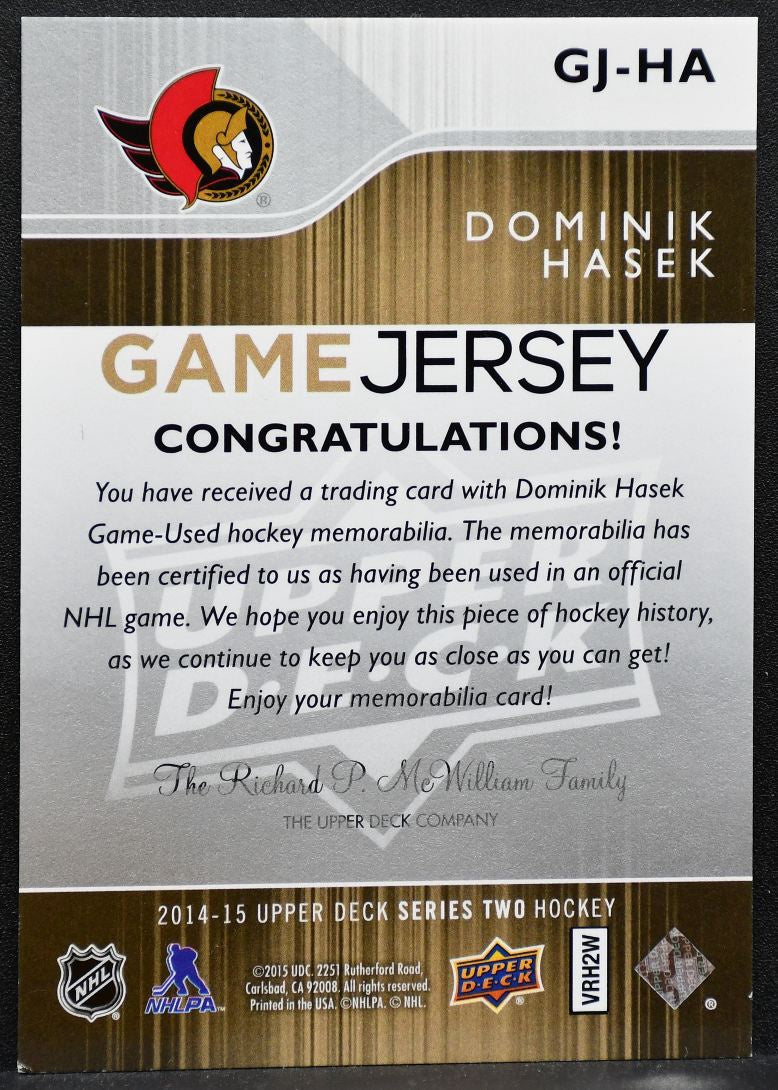 2014-15 Upper Deck Series 2 Game Jersey Dominik Hasek Senators Jersey 8643