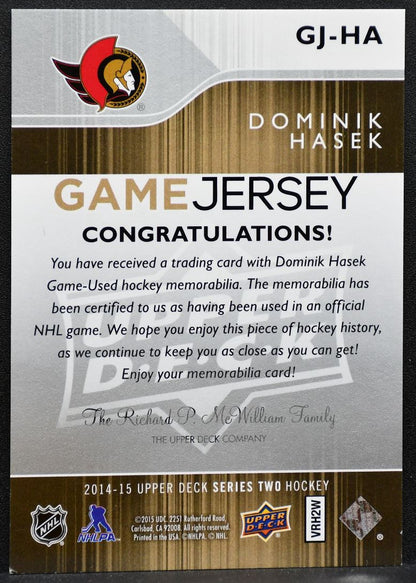 2014-15 Upper Deck Series 2 Game Jersey Dominik Hasek Senators Jersey 8643