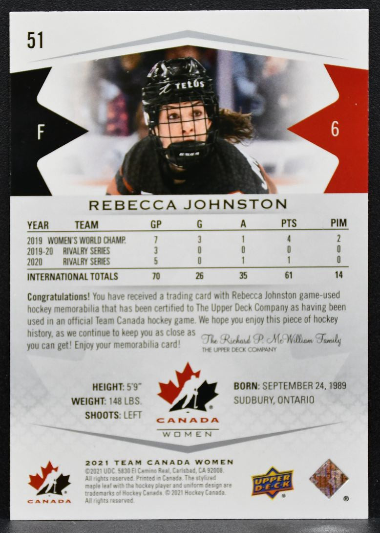 2021-22 Upper Deck Team Canada Juniors Rebecca Johnston 51 Canada Jersey 6593